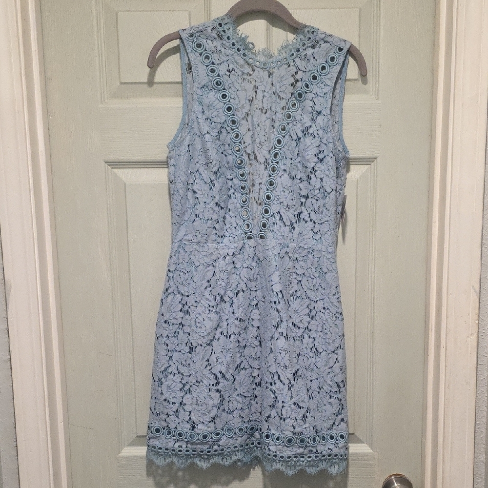 SAYLOR X FREE PEOPLE Ciel Blue Floral Lace Fringed Open Back Mini Dress
